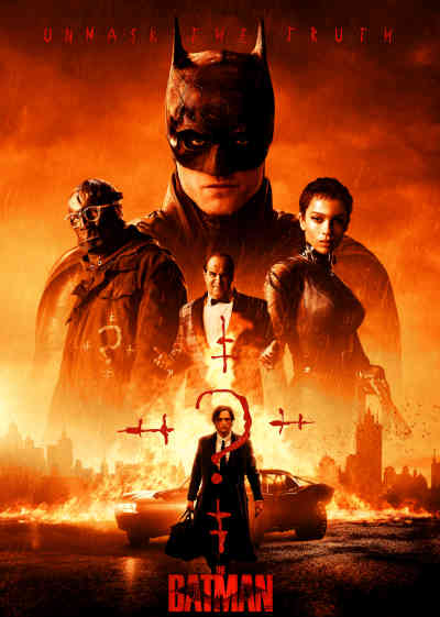 The Batman 2022 Robert Pattinson, Zoe Kravitz, Paul Dano, Amber Sienna, Barry Keoghan, Colin Farrell, John Turturro, Peter Sarsgaard, Andy Serkis, Jeffrey Wright, Alex Ferns, Con O’Neill, Mark Killeen, Jayme Lawson, Janine Harouni,